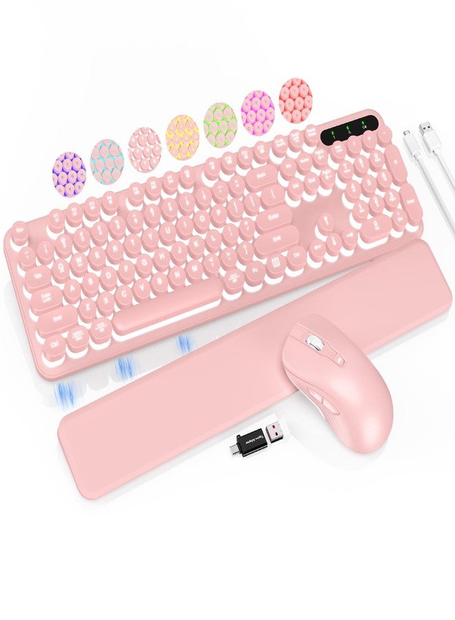 Trueque Wireless Keyboard and Mouse Backlit - Typewriter Keyboard with Retro Round Keycaps, Detachable Wrist Rest, Light Up Letters, 2.4G Rechargeable Combo for Mac, Windows, PC, Laptop, Trueque (Pink) - Image 1