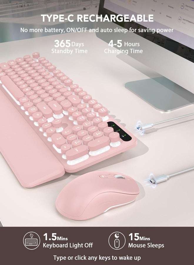 Trueque Wireless Keyboard and Mouse Backlit - Typewriter Keyboard with Retro Round Keycaps, Detachable Wrist Rest, Light Up Letters, 2.4G Rechargeable Combo for Mac, Windows, PC, Laptop, Trueque (Pink) - Image 5