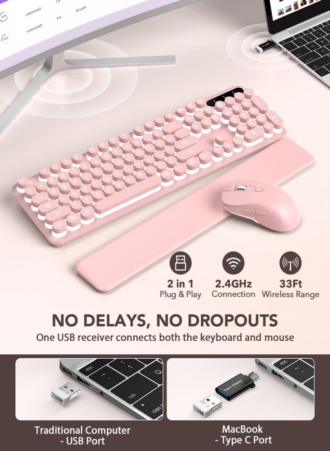 Trueque Wireless Keyboard and Mouse Backlit - Typewriter Keyboard with Retro Round Keycaps, Detachable Wrist Rest, Light Up Letters, 2.4G Rechargeable Combo for Mac, Windows, PC, Laptop, Trueque (Pink) - Image 4