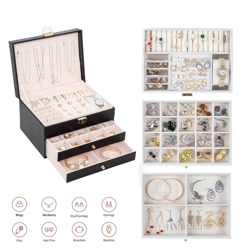 GUOER Jewelry Box for Women Girl Wife 3 Layers Large PU Leather Jewelry Organizer Storage Case with Two drawers Display for Earrings Bracelets Rings Watches (Black) - Image 2
