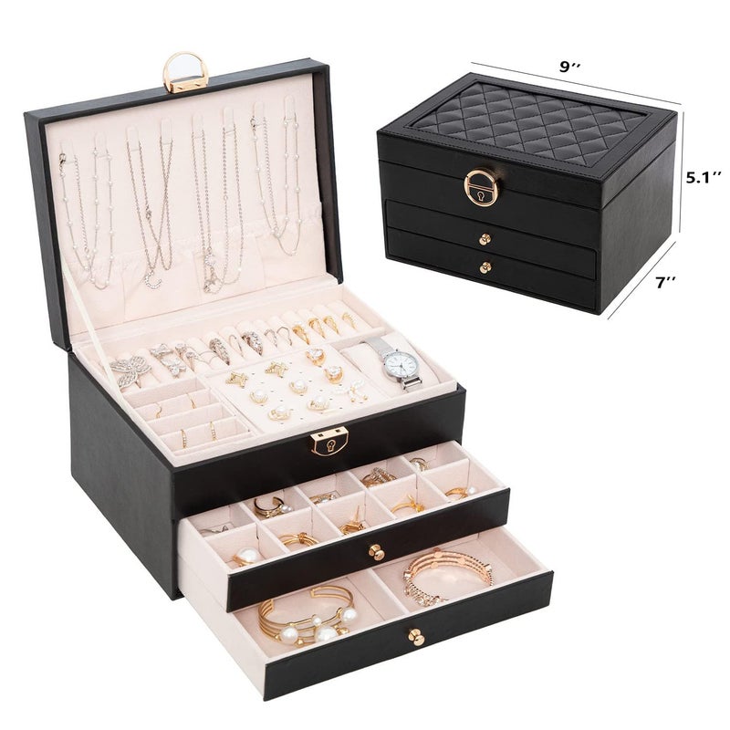 GUOER Jewelry Box for Women Girl Wife 3 Layers Large PU Leather Jewelry Organizer Storage Case with Two drawers Display for Earrings Bracelets Rings Watches (Black) - Image 3