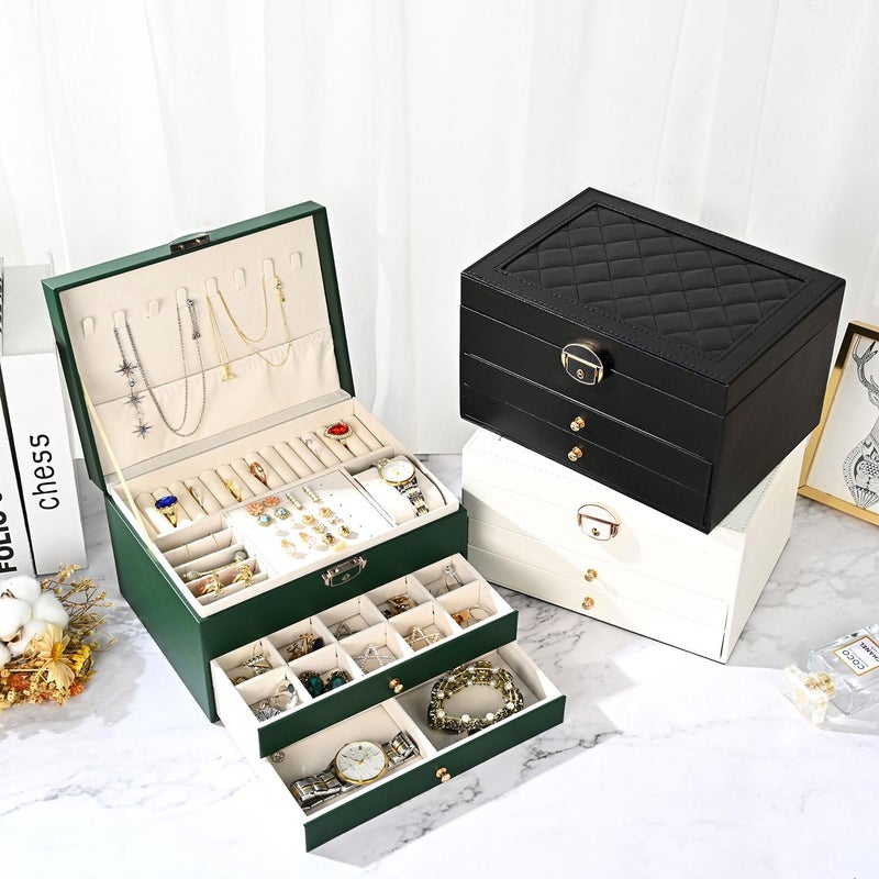 GUOER Jewelry Box for Women Girl Wife 3 Layers Large PU Leather Jewelry Organizer Storage Case with Two drawers Display for Earrings Bracelets Rings Watches (Black) - Image 5
