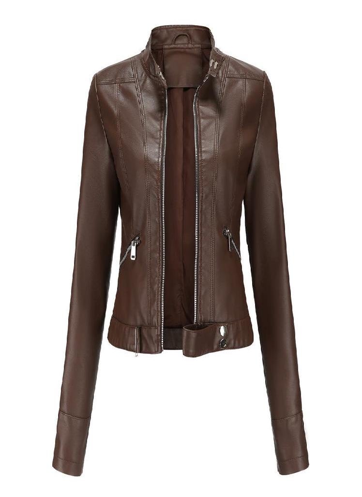 Eckek - Leather Jacket Women 'S Short Small Jacket Stand Collar Women 'S Leather Jacket Women 'S Thin Leather Jacket - Image 1