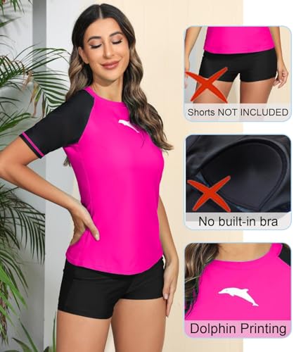 Halcurt Women's Short Sleeve Rash Guard Swimsuit Top Swim Shirt Only Swim Tee UPF50+ Quick Dry Swimsuit Neon Pink Black L - Image 3