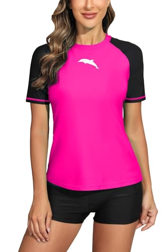 Halcurt Women's Short Sleeve Rash Guard Swimsuit Top Swim Shirt Only Swim Tee UPF50+ Quick Dry Swimsuit Neon Pink Black L - Image 1