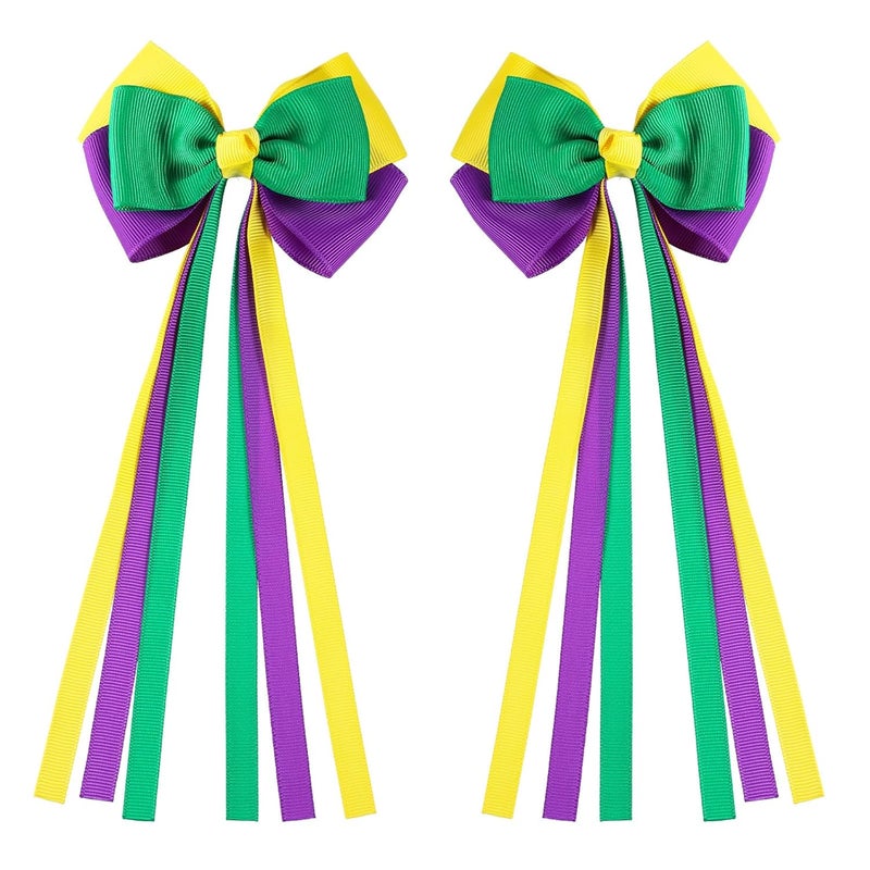 Mardi Gras Long Ribbon Bow Hair Clips Kids Green Purple Yellow Fat Tuesday Cheer Bow Alligator Barrettes Carvinal Parade Outfit Costume Decoration Stuff Party Gift for Women Girls