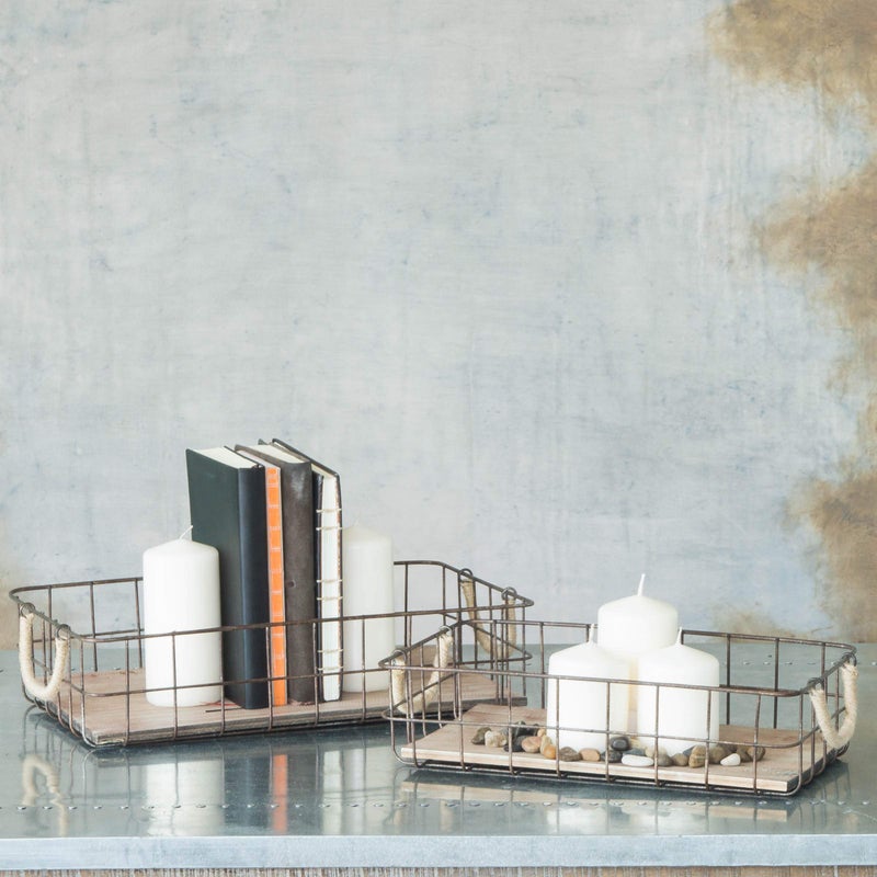 Stonebriar Stackable 2pc Rectangle Metal Wire and Wood Basket Set with Rope Wrapped Handles, Rustic Decor for Home Storage, Decorative Serving Baskets for Weddings, Birthdays, and Holiday Parties - Image 5