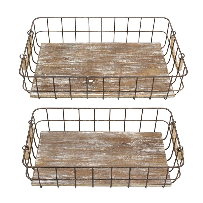 Stonebriar Stackable 2pc Rectangle Metal Wire and Wood Basket Set with Rope Wrapped Handles, Rustic Decor for Home Storage, Decorative Serving Baskets for Weddings, Birthdays, and Holiday Parties - Image 2