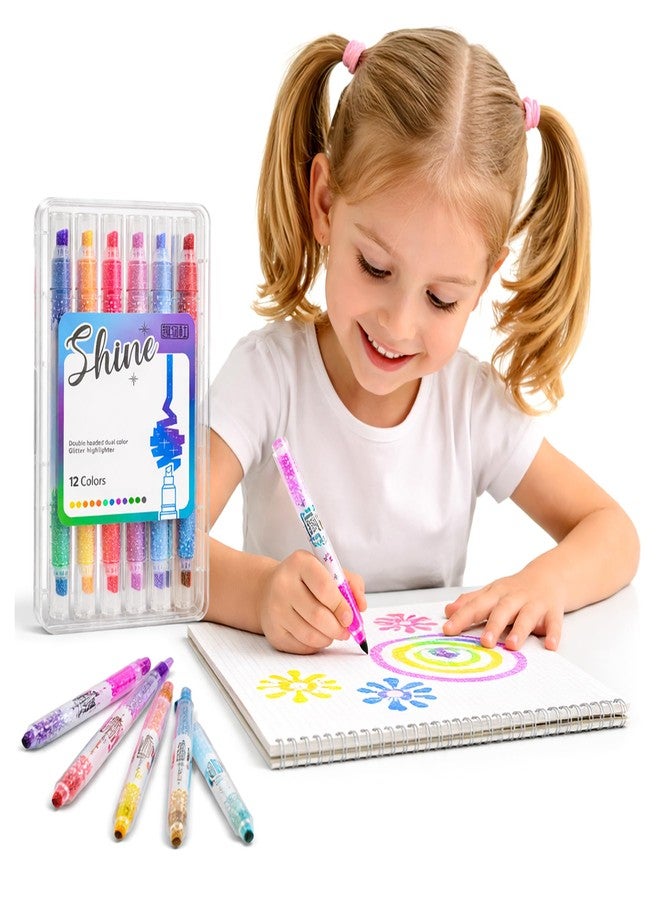 WISHKEY Double-Head Glitter Marker Pens, Shining Non-Toxic Ink, Quick Drying Shimmery Colorful Highlighter Pens for Multipurpose, Stationery Items for Kids and Adults, 8+ Years (Pack of 6, Multicolor) - Image 1