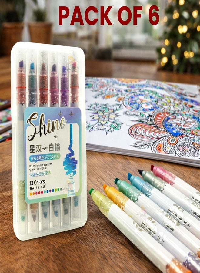 WISHKEY Double-Head Glitter Marker Pens, Shining Non-Toxic Ink, Quick Drying Shimmery Colorful Highlighter Pens for Multipurpose, Stationery Items for Kids and Adults, 8+ Years (Pack of 6, Multicolor) - Image 3
