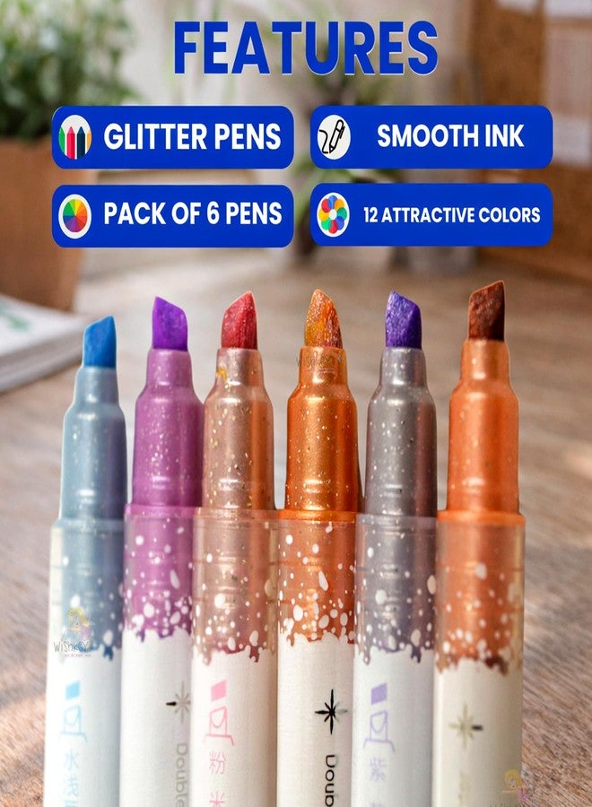 WISHKEY Double-Head Glitter Marker Pens, Shining Non-Toxic Ink, Quick Drying Shimmery Colorful Highlighter Pens for Multipurpose, Stationery Items for Kids and Adults, 8+ Years (Pack of 6, Multicolor) - Image 5