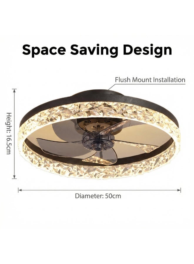 SKT Shiketro 50cm Modern Ceiling Fan with Lights, 30W LED Dimmable Flush Mount Ceiling Fan, 6-Speed Silent Bladeless Ceiling Light Fixture with Remote/APP Control, Low Profile Ceiling Fan for Bedroom Living Room - Image 2
