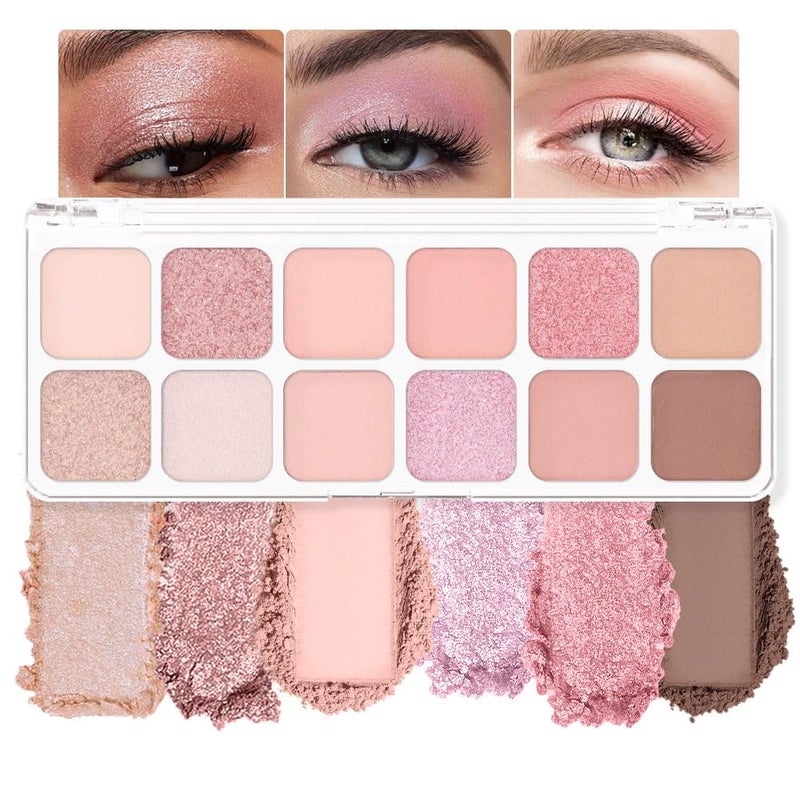 CAKAILA 12Colors Nude Pink Eye Shadow Palette Makeup,Highly Pigmented Matte Shimmer Eyeshadow Palette Nude Pink Eye Shadows Long Lasting Waterproof Blendable Naturing-Looking,Great for Travel Gift Kit 