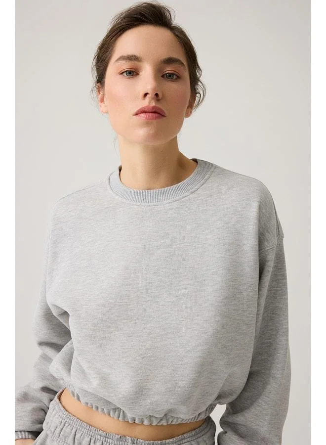 Los Ojos Gray Mélange Wide Fit Waist-Drawstring Crop Sweatshirt Cropped Pulover.