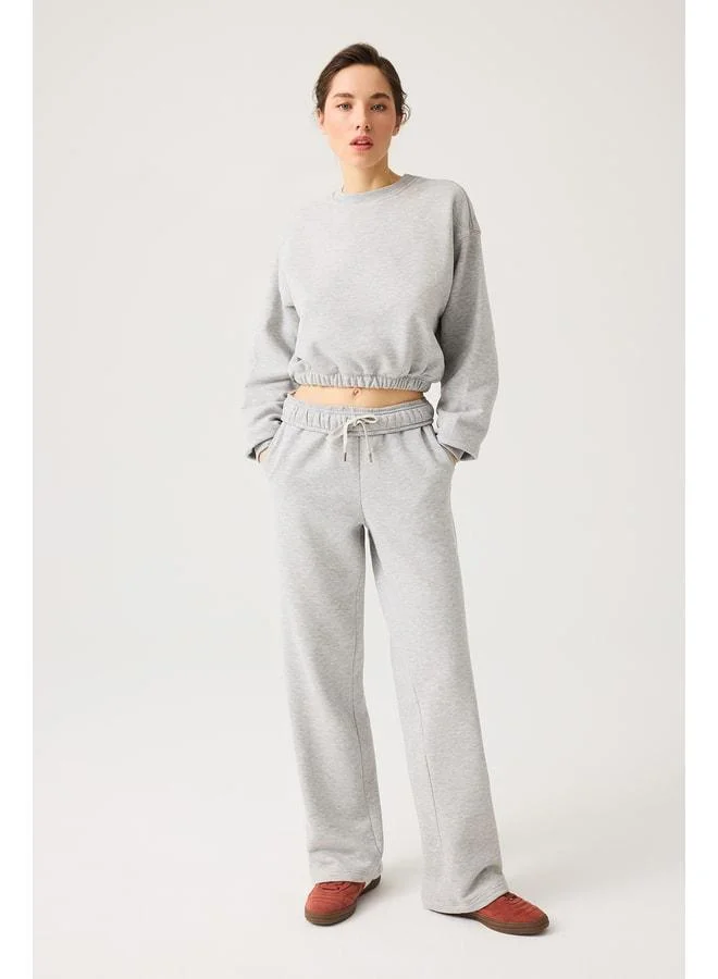 Los Ojos Gray Mélange Wide Fit Waist-Drawstring Crop Sweatshirt Cropped Pulover.