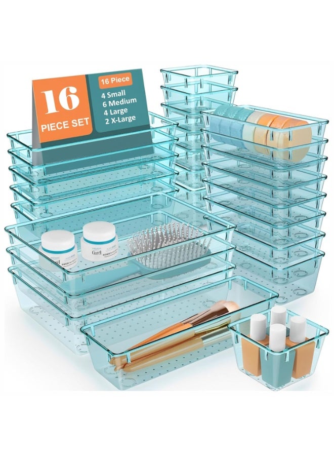 16 PCS Clear sky blue  Plastic Drawer Organizer Set – 4 Sizes Desk Dividers Perfect As Makeup Organizer, Jewelry Organizer, Gadgets in Kitchen, Bedroom, Bathroom, and Office - Image 1