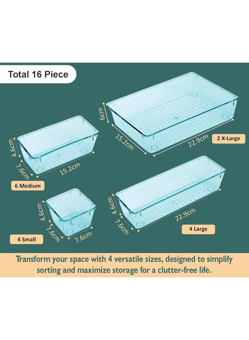 16 PCS Clear sky blue  Plastic Drawer Organizer Set – 4 Sizes Desk Dividers Perfect As Makeup Organizer, Jewelry Organizer, Gadgets in Kitchen, Bedroom, Bathroom, and Office - Image 2