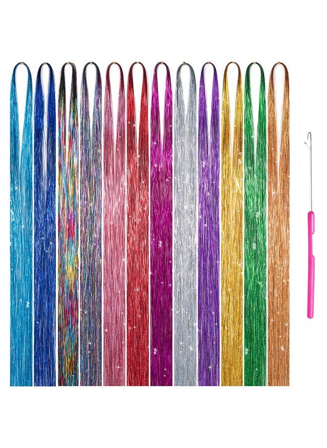 Xinxinshuyu Hair Tinsel Kit With Tool 12 Colors 3000 Strands Hair Tinsel Kit Shiny Fairy Hair Tinsel Extensions Colord Party Highlights Glitter Hair Extensions Multicolors Hair Tinsel Kit (12 Colors 45)  - Image 1