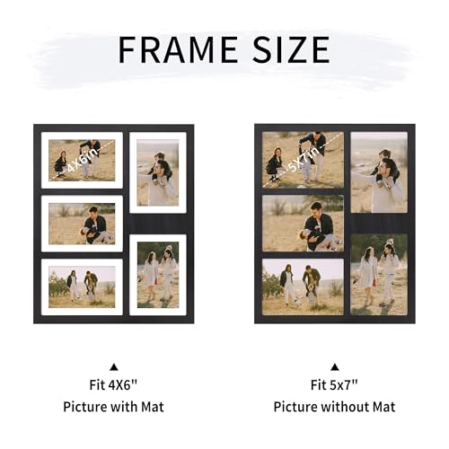 YESKAY 4x6 or 5x7 Picture Frames, Black Rustic Wooden Frame with Real Glass, Displays Pictures Five 4x6 with Mat or 5Pcs 5x7 without Mat for Wall Mounting, Photo Collage Frame - Image 4