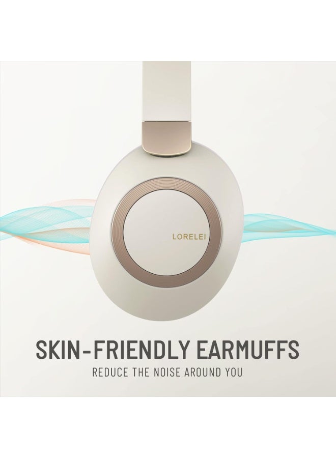LORELEI B-C6 Wireless Over Ear Headphones, 50H Playtime Foldable Lightweight Bluetooth Headsets, Deep Bass, Built-in Microphone, Memory Foam Earmuff, for Travel, Home Office (Beige White) - Image 3