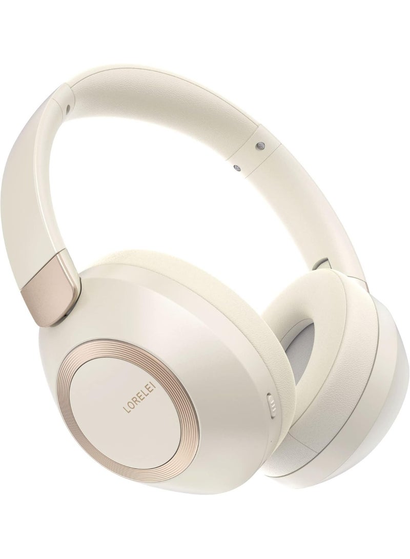 LORELEI B-C6 Wireless Over Ear Headphones, 50H Playtime Foldable Lightweight Bluetooth Headsets, Deep Bass, Built-in Microphone, Memory Foam Earmuff, for Travel, Home Office (Beige White) - Image 1