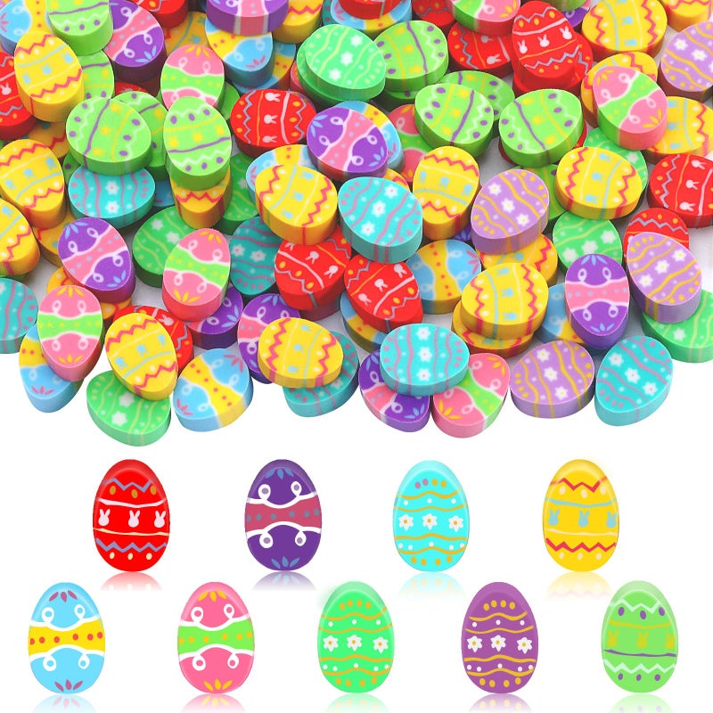 JUNEBRUSHS 150 Pcs Easter Egg Erasers Bulk, 9 Styles Mini Cute Rubber Erasers for Classroom Prizes, Party Favors Easter Egg Hunt Gifts Stationery Easter Basket Filler - Image 1