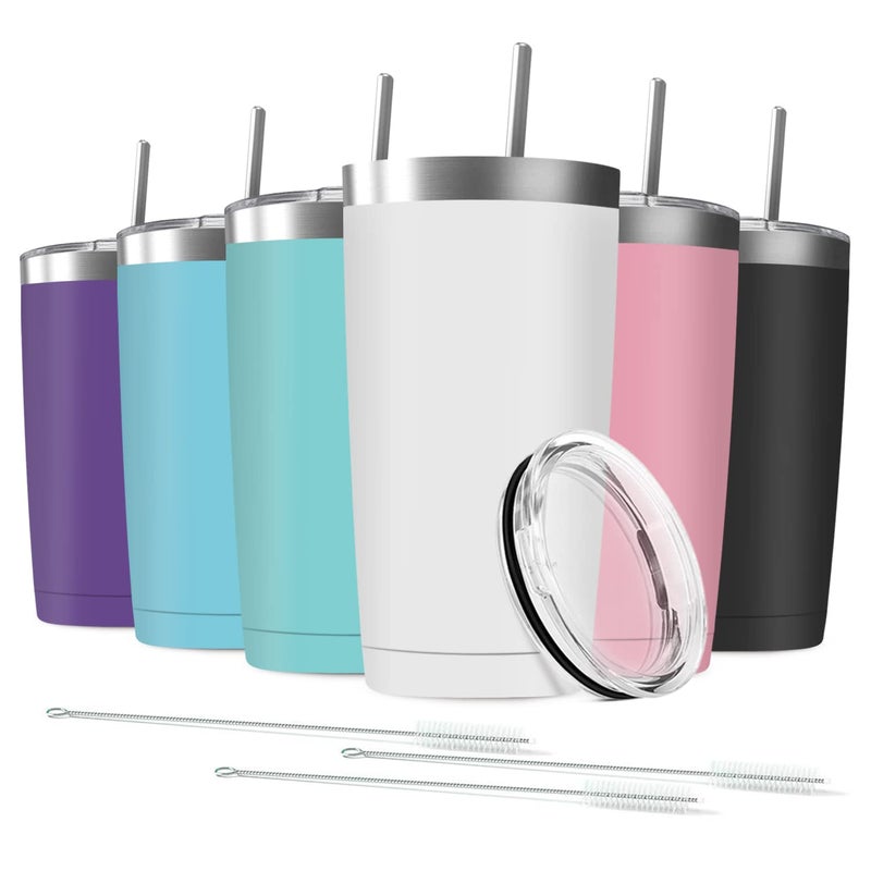 Deitybless 6 Pack 20 oz Stainless Steel Insulated Tumbler with Straw and Lid Double Wall Travel Coffee Mug Vacuum Insulated Bulk Tumbler Suitable for Vehicle Cup HoldersAssorted Colors