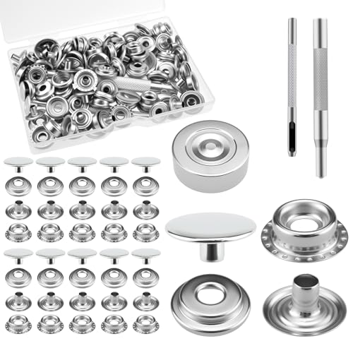 MARRTEUM 120 Pcs 30 Sets Leather Snap Fasteners with 3 Setter Tools 15mm Stainless Steel Sewing Snap Buttons Kit for Leather Clothing Fabric Bags Canvas DIY Crafts Silver - Image 1