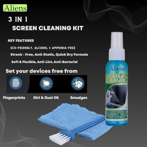 Aliens 3 in 1 Professional Cleaning Kit (100 Ml) for Smartphone,Laptop,Camera,Tablet,Binocular,Lens,Monitor,TV,Screen(Includes: 100 Ml Anti-Static Liquid Spray + Soft Brush + Microfiber Cloth),Blue - Image 3