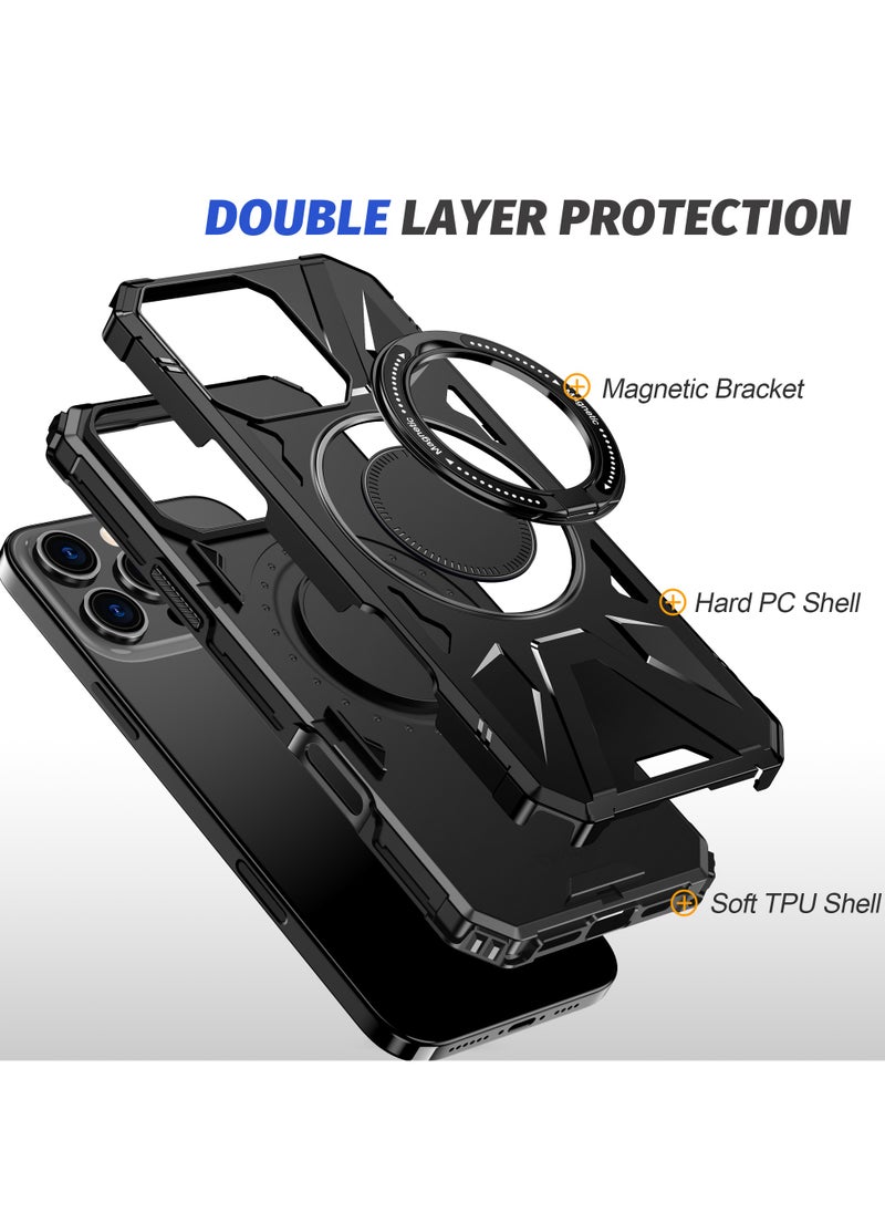 ICARLUS For iPhone 16 Pro Magnetic Case TPU+PC Phone Cover with Rotary Ring Kickstand - Black  - Image 2