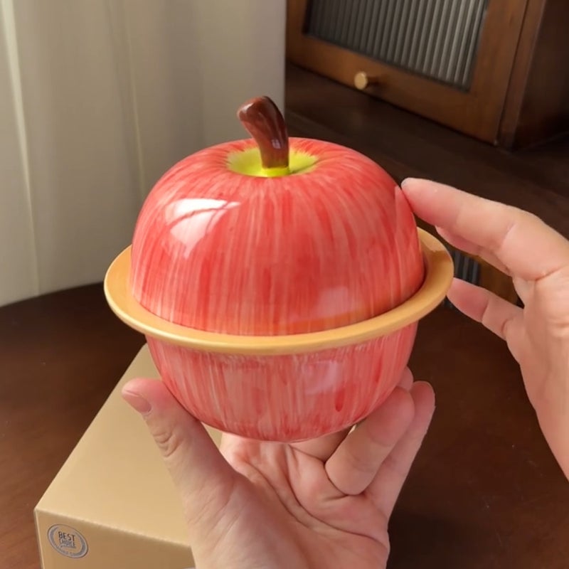Apple Ceramic Stew Bowl with Lid for Egg Custard, Dessert, Yogurt - Birthday Gift - Image 2