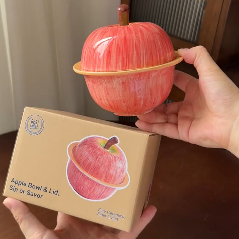 Apple Ceramic Stew Bowl with Lid for Egg Custard, Dessert, Yogurt - Birthday Gift - Image 1