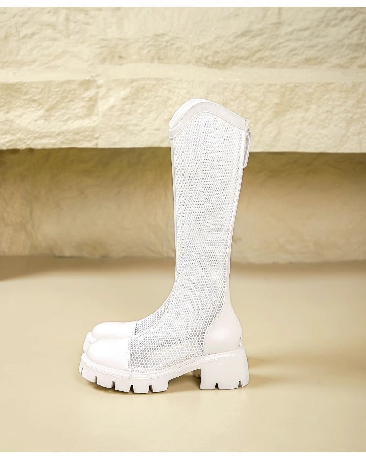 Womens thick-soled long hollow-out hidden-height boots casual shoes in stock spring new Roman sandals wholesale Creamy-white height increase