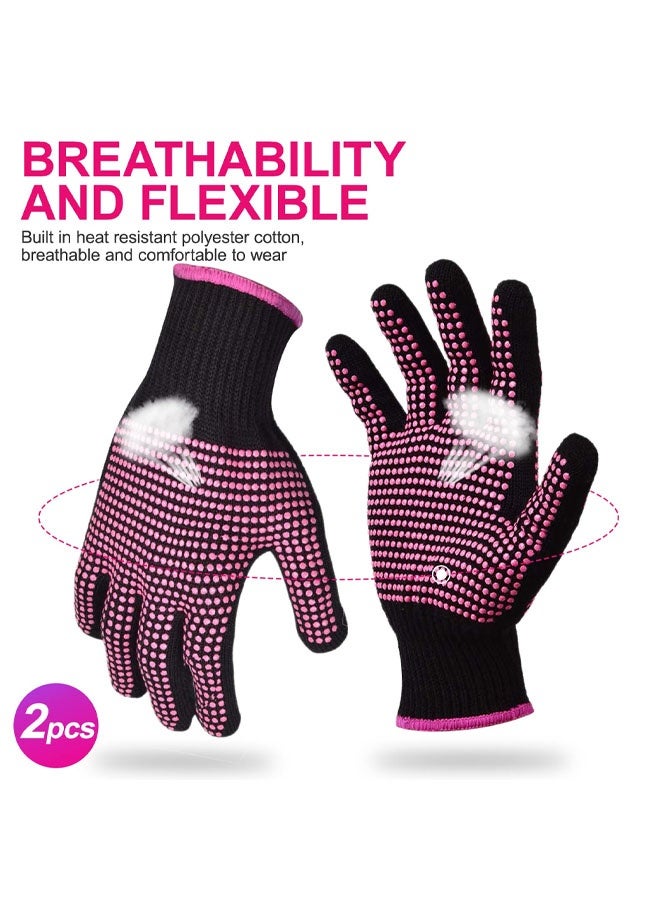 2Pcs Heat Resistant Gloves with Silicone Bumps, Professional Heat Protection Gloves for Hair Styling, Mitts for Curling Iron Wand Flat Iron Sublimation, Rose Red - Image 2