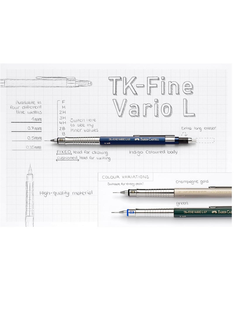 Faber-Castell Mechanical Pencil TK-Fine Vario L 0.5mm Indigo, Soft: anti-lead cushion mechanism for general writing hard: lead fixing mechanism for drawing and design