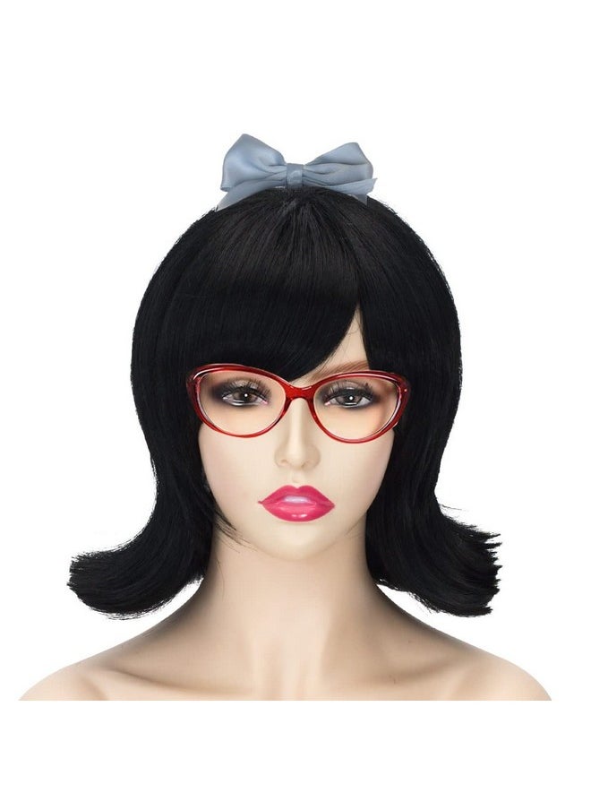 Coraline Flip Out Wig Black 50S And 60S Women Short Bob Halloween Hair Bow And Red Glasses Synthetic Bang Wig  - Image 1