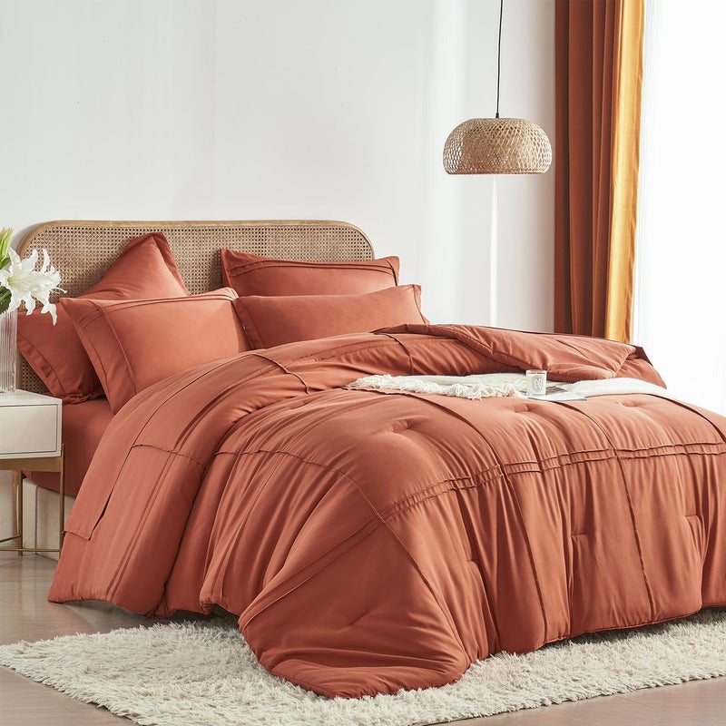 Yogeneg Yogeneg Queen Comforter Set 7 Piece Bed in a BagGrid Pinch Pleat Terracotta Bedding SetStriped Textured Soft Microfiber Comforter with Sheet SetAll Season Complete Bed SetTerracottaQueen