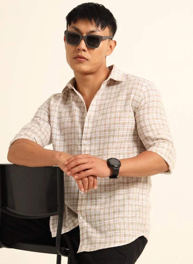 بوشيرت قميص مطبع بنمط مربعات وياقة سبريد