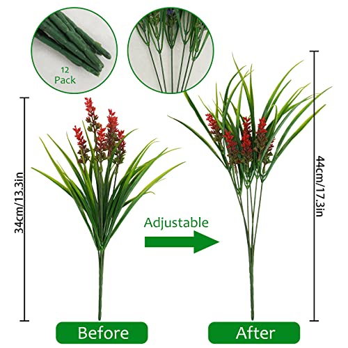 obbsie 12 Bundles Artificial Plants Outdoor, 18.2" UV Resistant Faux Monkey Grass Greenery Stems No Fade Faux Plastic Flowers Shrubs for Home Weddings Garden Porch Front Patio Office Decor - Red - Image 4