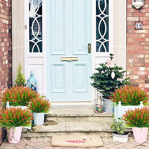 obbsie 12 Bundles Artificial Plants Outdoor, 18.2" UV Resistant Faux Monkey Grass Greenery Stems No Fade Faux Plastic Flowers Shrubs for Home Weddings Garden Porch Front Patio Office Decor - Red - Image 3