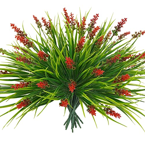 obbsie 12 Bundles Artificial Plants Outdoor, 18.2" UV Resistant Faux Monkey Grass Greenery Stems No Fade Faux Plastic Flowers Shrubs for Home Weddings Garden Porch Front Patio Office Decor - Red - Image 1