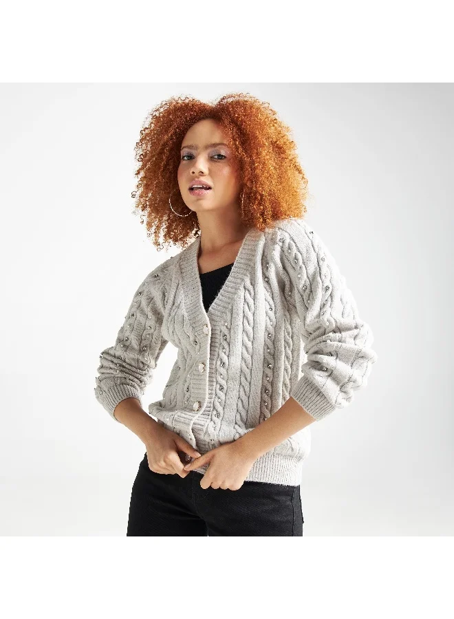 Splash FAV Embellished V-neck Cardigan with Long Sleeves