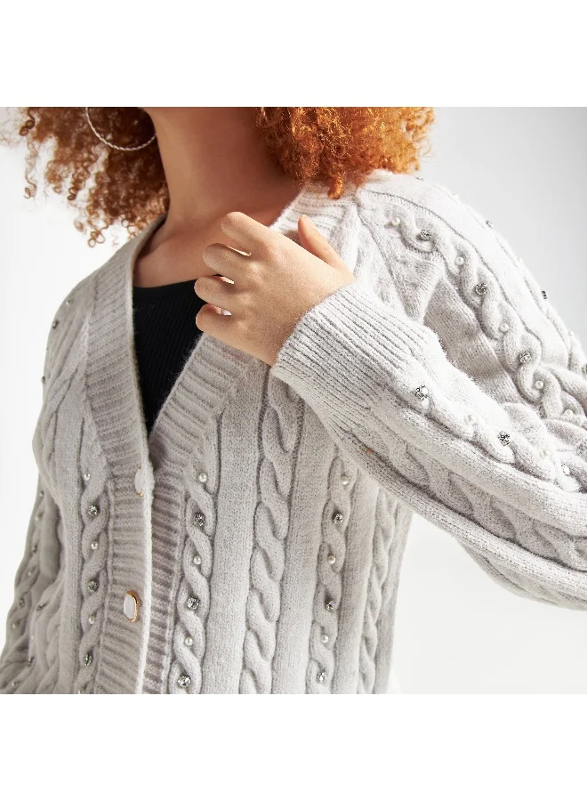 Splash FAV Embellished V-neck Cardigan with Long Sleeves