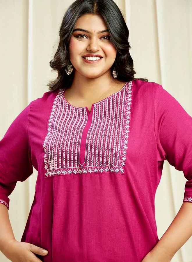 globus Plus Size Pink Sequined Embroidered Yoke Kurta and Pants Festive Set