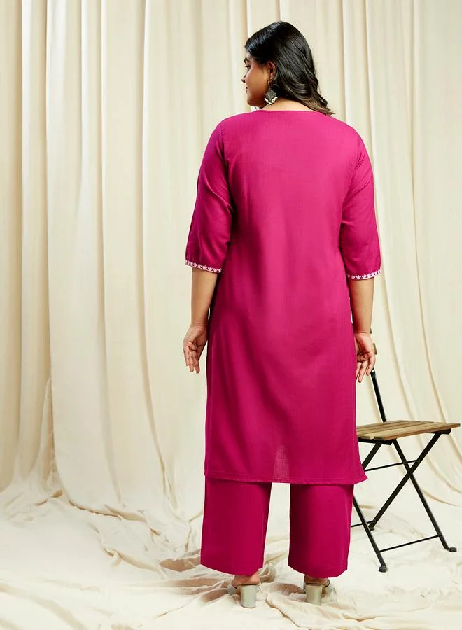 globus Plus Size Pink Sequined Embroidered Yoke Kurta and Pants Festive Set