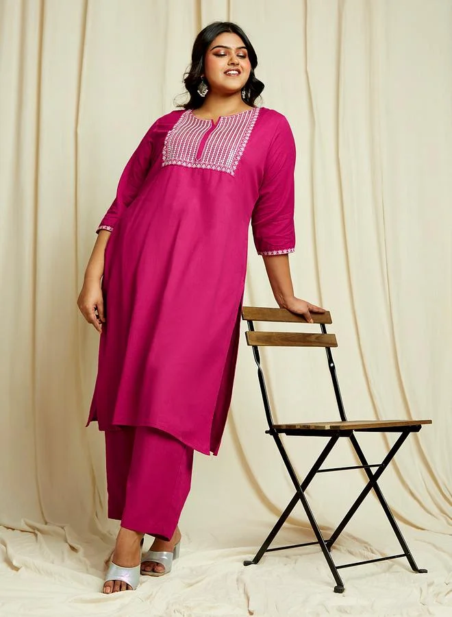 globus Globus Plus Size Pink Sequined Embroidered Yoke Kurta and Pants Festive Set