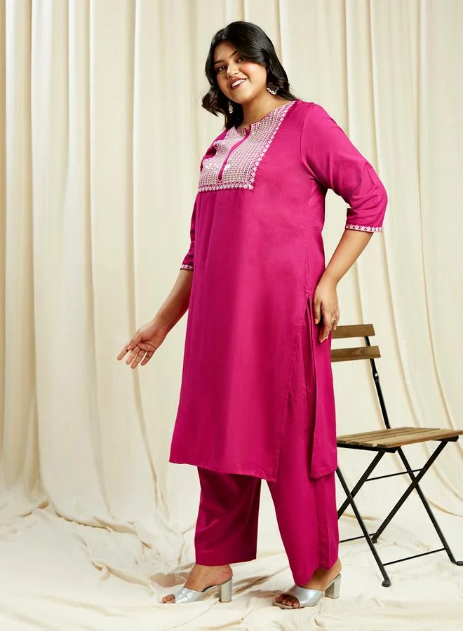 globus Globus Plus Size Pink Sequined Embroidered Yoke Kurta and Pants Festive Set
