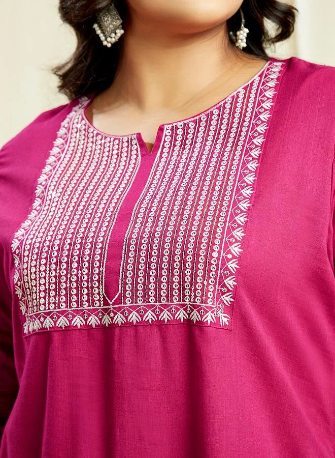 globus Plus Size Pink Sequined Embroidered Yoke Kurta and Pants Festive Set