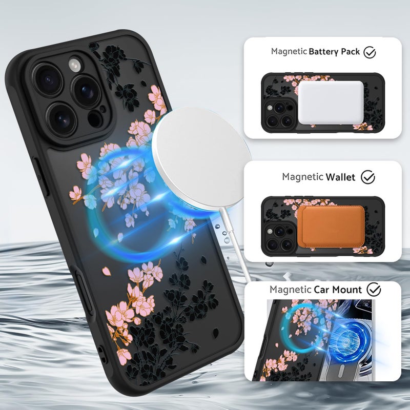 OOK Case for iPhone 16 Pro Max 6.9 Inch (Compatible with MagSafe) Floral Flowers Design Translucent Phone Cover Soft TPU + Hard PC Anti-Scratch Shockproof Magnetic Cute Case for Women - Pink - Image 2