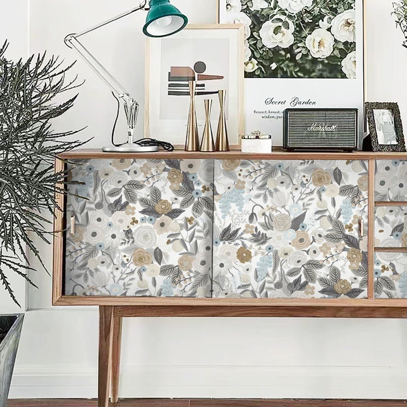 Ismoon Floral Peel and Stick Wallpaper Gray Contact Paper Vintage Removable Self-Adhesive Wallpaper Boho Watercolor Renovated Furniture For Cabinets Shelves Counter Tops Wall Decor Roll 17.3in x78.7in - Image 2